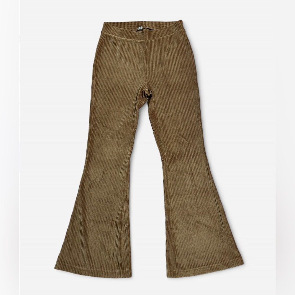 Aerie Flare Leg Ribbed Pull On Pants size M Short Khaki Brown Tan Velour